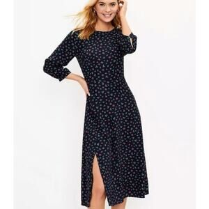 Loft Midi Dress Womens 0 Navy Blue Ditsy Floral 3/4 Sleeve Side Slit